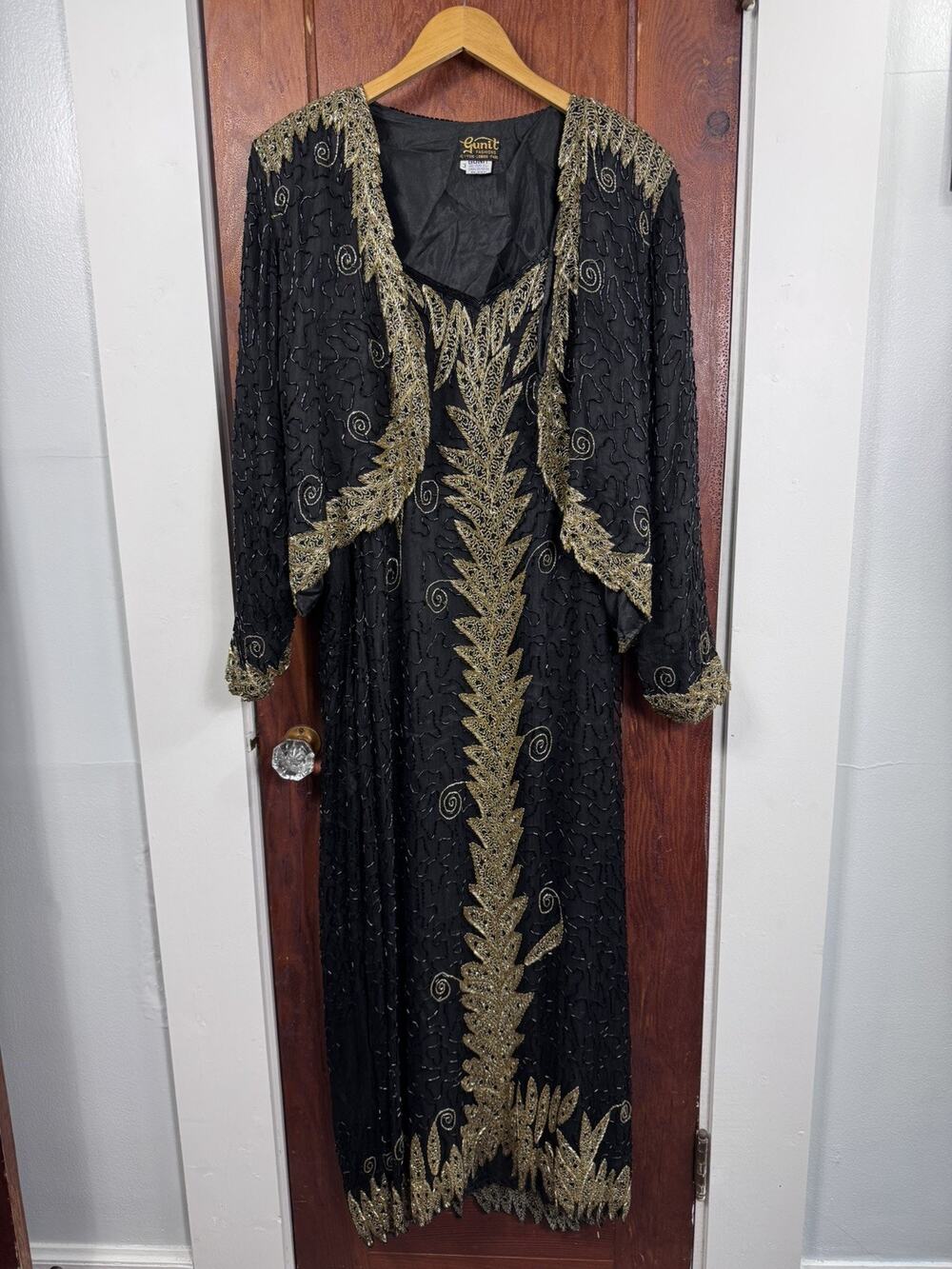 Vtg 80s GUNIT Beaded Sequined Black Gold Silk Dress 3X w/ Jacket Glam Formal